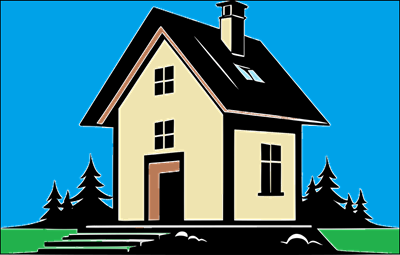 disegno di una casa in prospettiva con cielo azzurro e prato verde